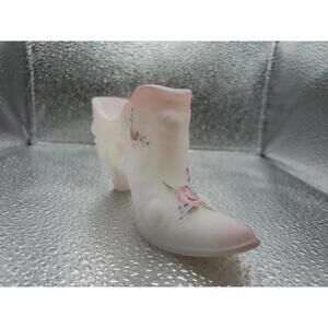 RARE Fenton White Satin Glass Hand Painted Floral Victorian Shoe SIGNED
